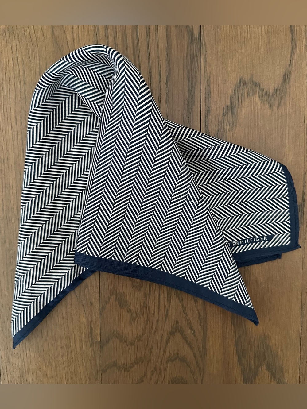 Tommy Hilfiger Herringbone Print Silk Small Square Scarf Navy and White 13.5"sq